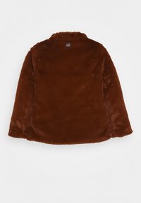 Brun, mjuk, texturerad jacka i ett fluffigt material. Har krage, långa ärmar och rak nederkant. Inga synliga detaljer eller mönster.