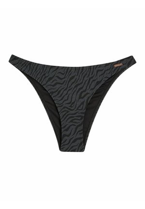 Zwarte bikini onderkant met een tijgerstreep patroon in grijs, met een gladde textuur en minimale bedekking. Kleine logo detail aan de zijkant.