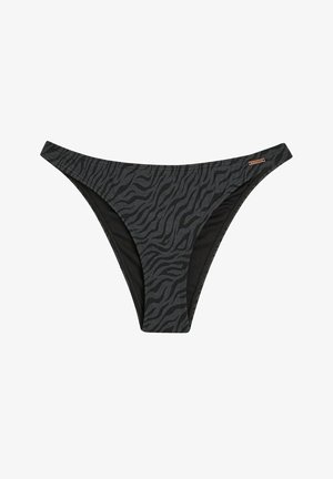 Zwarte bikini onderkant met een tijgerstreep patroon in grijs, met een gladde textuur en minimale bedekking. Kleine logo detail aan de zijkant.