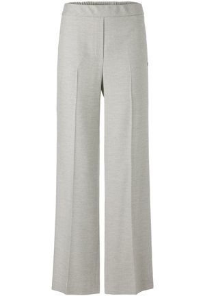 Lichtgrijze wijde broek met elastische tailleband en verticale vouwen, gemaakt van gestructureerde stof.