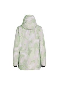 Green and white camo-patterned jacket with a hood, made of a smooth material. Features long sleeves and black accents at the cuffs.