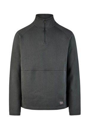 Dark gray long-sleeve pullover with a quarter zipper and high collar, featuring a small fabric logo tag near the bottom hem.