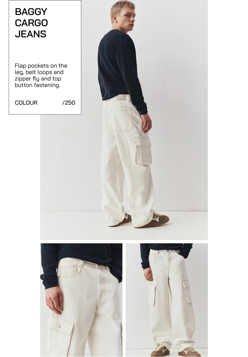 Muž nosiaci bledobiele voľné cargo džínsy s klopovými vreckami, pútkami na opasok, zipsom na zapínanie a gombíkovým zapínaním, v kombinácii s čiernym dlhým rukávom.