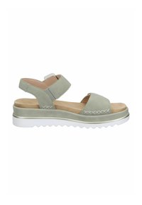 Světle zelená sandálka s otevřenou špičkou, páskem kolem kotníku, polstrovanou stélkou, bílou vroubkovanou podrážkou a dekorativním prošitím na páscích.