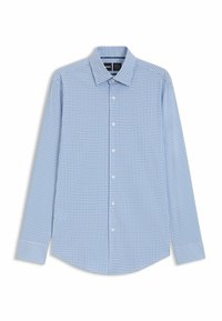 Camicia a maniche lunghe a quadratini blu chiaro con colletto tradizionale, apertura con bottoni e orlo curvo. Il tessuto appare liscio e leggero.