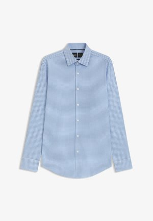Helle blaue karierte Langarmshirt mit traditionellem Kragen, Knopfleiste und abgerundetem Saum. Der Stoff wirkt glatt und leicht.