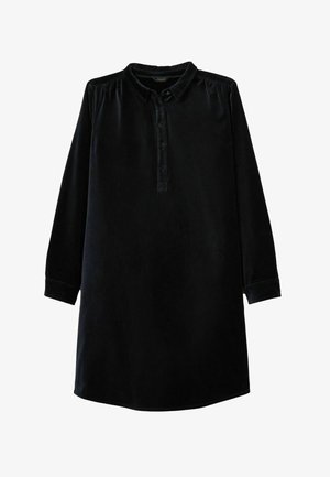 Black velvet dress with long sleeves and a collar, featuring a button-down placket and a slightly curved hemline.