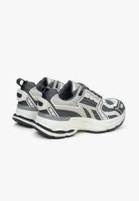 Buty sportowe z szaro-białą siateczkową cholewką, z teksturowanymi detalami, wyściółką w podeszwie i czarnymi akcentami. Dwie pętle na pięcie.