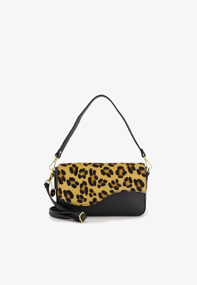 Leopard print handbag with a black leather bottom and strap. Features a smooth surface and a gold-tone hardware accent on the strap.