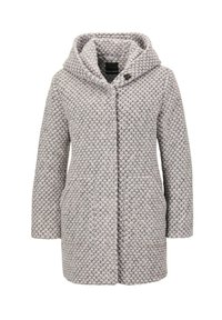 Grau strukturierter Mantel mit Kapuze, ausgestattet mit einem Knopfverschluss und seitlichen Taschen. Das Design hat ein gewebtes Muster mit hellen und dunklen Fäden.