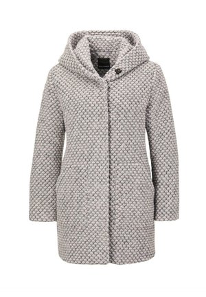 Cappotto grigio texturizzato con cappuccio, caratterizzato da una chiusura a bottoni e tasche laterali. Il design presenta un motivo intrecciato con filati chiari e scuri.