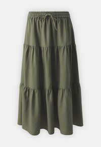 Falda verde en capas hecha de tela suave, con una cintura elástica y cordón, y una silueta fluida con tres volantes distintos.