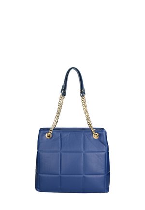 Blauwe leren handtas met een gequilt ontwerp, gouden schouderbanden met ketting en ronde hoeken. Beschikt over twee goudkleurige ogen voor het bevestigen van de band.