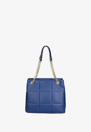 Blauwe leren handtas met een gequilt ontwerp, gouden schouderbanden met ketting en ronde hoeken. Beschikt over twee goudkleurige ogen voor het bevestigen van de band.