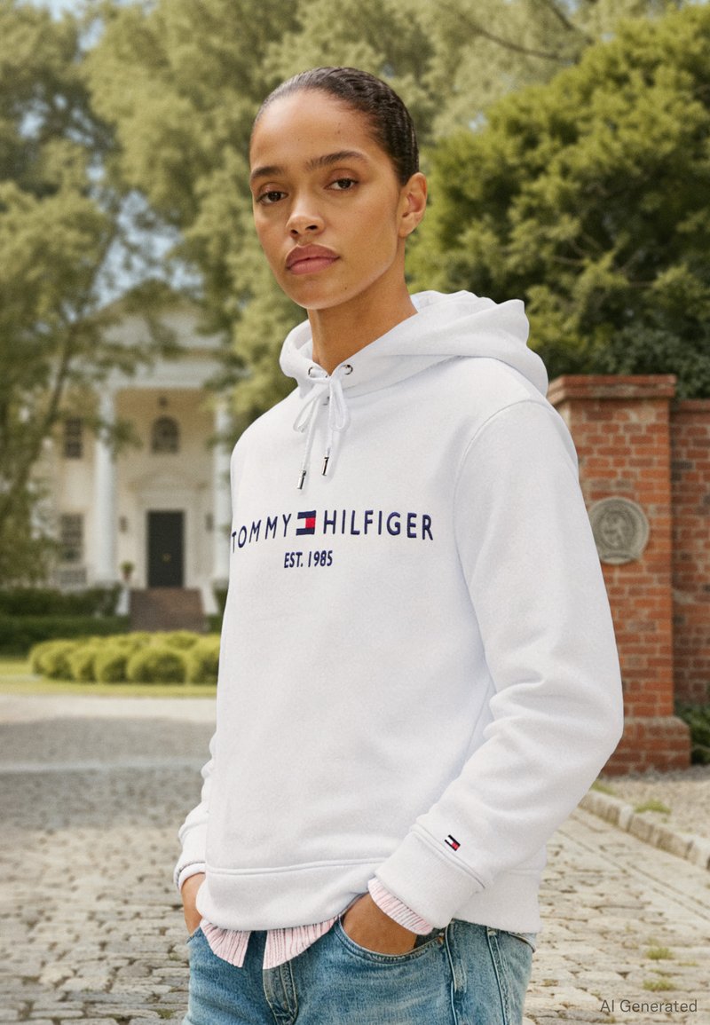 Jaunas žmogus dėvi baltą Tommy Hilfiger džemperį su kapišonu ir džinsus, stovi lauke ant akmenų grindinio tako, fone matosi žaluma ir didelis baltas pastatas.