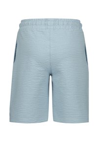 Shorts en tissu bleu clair texturé avec une taille élastique et des poches latérales, vus de face.