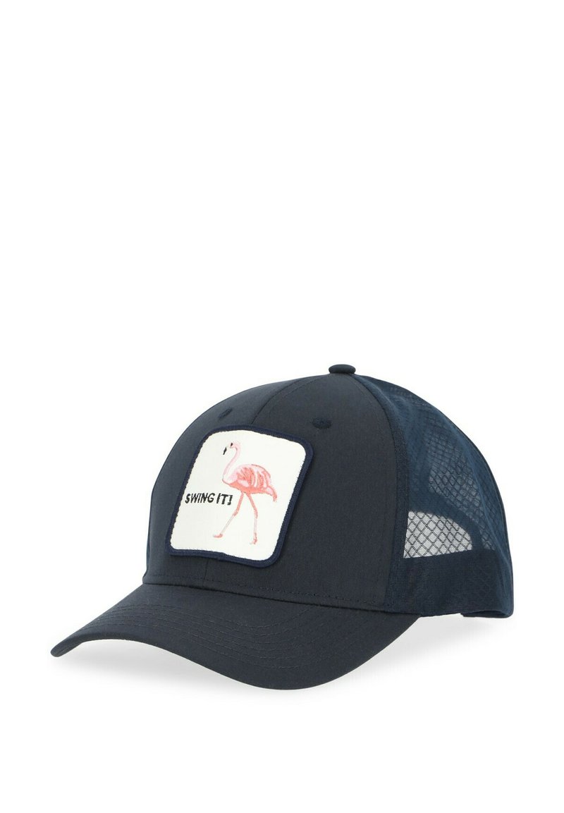 Navy blue baseball cap with mesh sides, featuring a square patch displaying a pink flamingo and the text "SWING IT." Structured design.