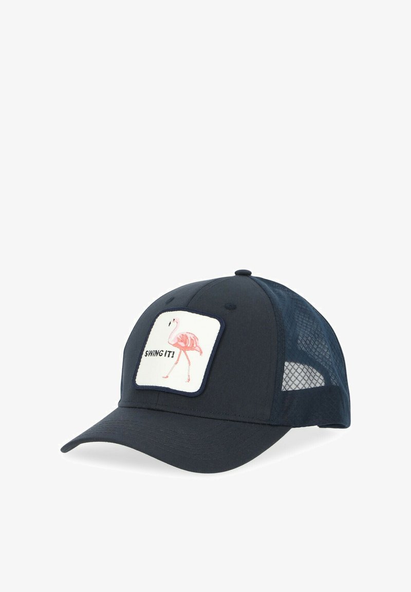Casquette de baseball bleu marine avec des côtés en maille, ornée d'un patch carré représentant un flamant rose et le texte "SWING IT." Design structuré.