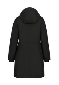 Abrigo negro aislante con capucha, de corte recto, mangas largas y sin cierres ni adornos visibles en la parte posterior.