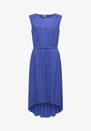 Blauwe mouwloze jurk met een hoge-lage zoom, voorzien van een elastische tailleband en een trekkoord. Gladde stof met een strak, effen kleurontwerp.