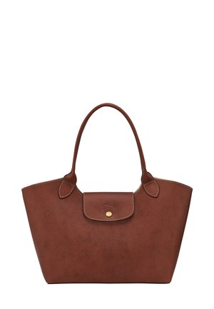 Brown textured leather tote bag with dual handles and a front flap secured by a small gold button.