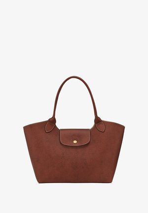 Brown textured leather tote bag with dual handles and a front flap secured by a small gold button.