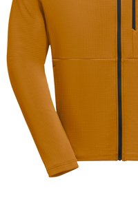 Orange zip-up jacket with a textured surface, featuring long sleeves and a front zip closure. Includes a pocket on the chest.