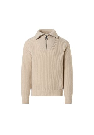 Pullover beige in maglia con texture a coste, collo con zip a metà e scollatura ampia. Presenta maniche lunghe e un design pulito e minimalista.