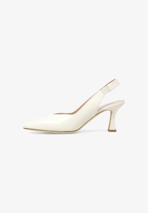 Décolleté bianca in pelle con cinturino posteriore, punta appuntita e tacco medio curvo su sfondo bianco.