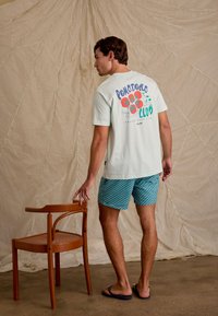 Lichtgroene t-shirt met een kleurrafische afbeelding op de achterkant, gecombineerd met teal patroon shorts. Houten stoel naast het model in sandalen.