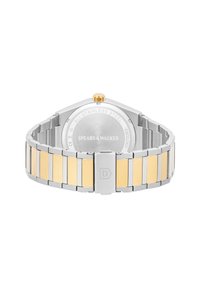 Reloj de acero inoxidable con una pulsera de metal mixto en tonos de plata y oro. Presenta una corona amarilla y detalles de la marca grabados en la parte trasera.