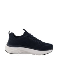 Navy blue athletic shoes with mesh upper, cushioned white midsole, and textured accents. Sleek design with rounded toe and laces.