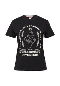 T-shirt en coton noir avec un graphique central de corail et du texte en blanc qui dit "Emmenez-moi là où l'été ne finit jamais." Manches courtes.