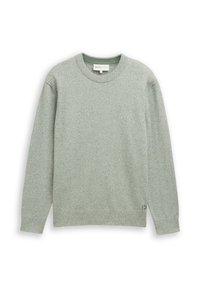 Lichtgroene gebreide trui met een ronde hals, lange mouwen en een subtiele textuur. Voorzien van een klein logo aan de linker onderkant.