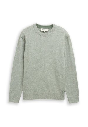 Suéter de punto verde claro con cuello redondo, mangas largas y una textura sutil. Cuenta con un pequeño logo en el lado inferior izquierdo.