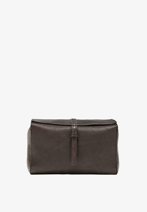 Brown leather toiletry bag with a textured surface, zip closure, and a leather strap accent. Rectangular shape, compact design.