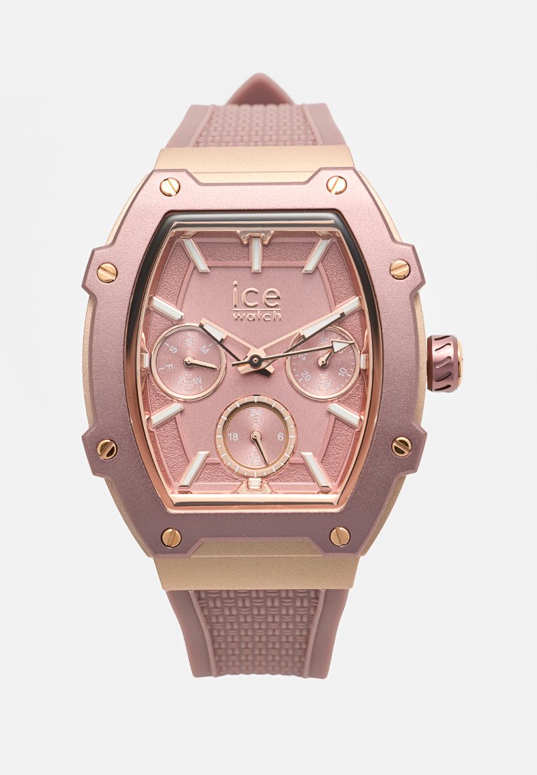 Uhr in Roségold mit achteckigem Ziffernblatt, strukturiertem Roségold-Ziffernblatt, drei kleinen Ziffernblättern und einem flexiblen pinken Silikonarmband.