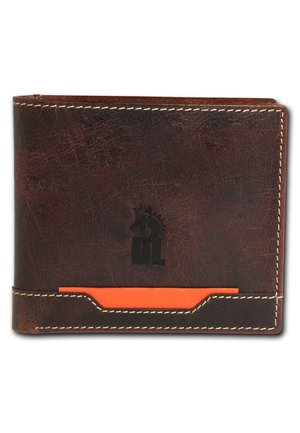 Brown leather wallet with a textured finish, orange card slot, and white stitching. Features an embossed logo on the front.