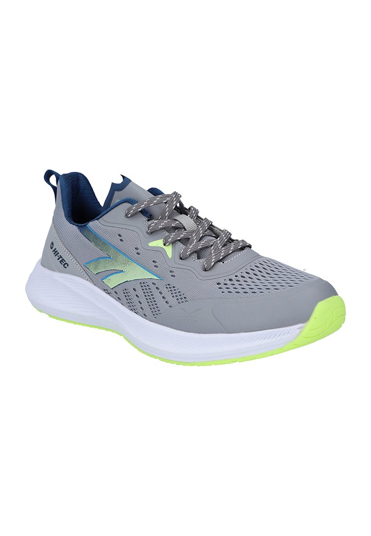 Zapatilla deportiva gris y verde neón con parte superior de malla, cordones con patrón y suela blanca acolchada, en ángulo hacia la derecha.