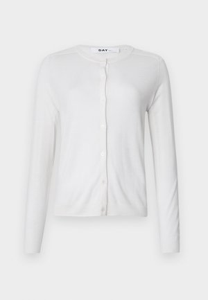 Bijela kardigan jakna od mekog materijala, s dugim rukavima, okruglim izrezom i prednjim kopčanjem na dugmad s malim odgovarajućim dugmadima.