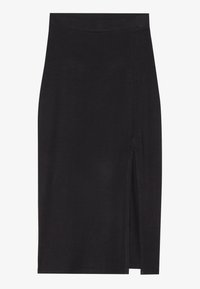 Black midi skirt with a straight cut and a side slit on the right, made from smooth fabric.
