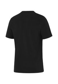 Zwarte korte mouw t-shirt van katoen. Ronde hals ontwerp met een gladde textuur en zonder zichtbare patronen of accenten. Achteraanzicht weergegeven.