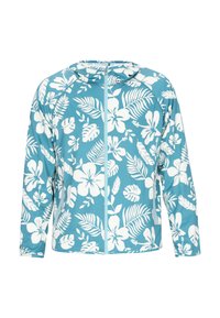 Ljusblå zip-up jacka med vita blommönster och blad. Har hög krage och lång ärm. Slät, stretchig tygkvalitet.