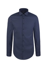 Camicia a maniche lunghe blu navy con bottoni, decorata con pois bianchi e colletto classico, mostrata su uno sfondo bianco.