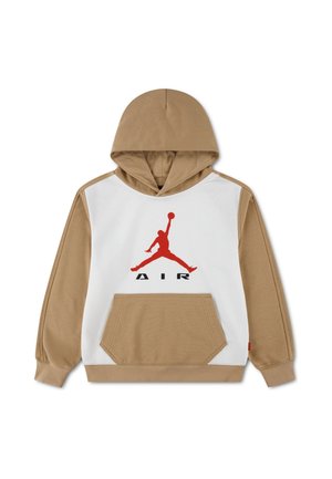 Sweat à capuche beige et blanc avec logo joueur de basket rouge et inscription AIR sur le devant, poche kangourou beige et manches.