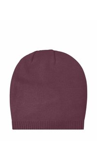 Knit beanie in dark burgundy, fitted design with a smooth texture, featuring a ribbed hem at the base for comfort and snug fit.