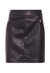Mini-jupe en cuir noir au texture lisse, dotée de deux poches zippées à l'avant et d'un design ajusté. Détail de couture arrière visible.