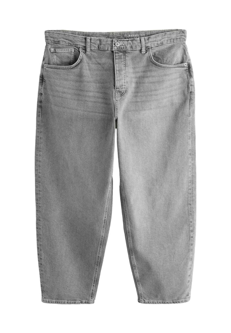 Jeans in denim grigio con vestibilità a barilotto, cinque tasche, chiusura con bottoni e leggere sfumature sbiadite sulla parte anteriore delle gambe.