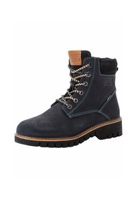 Donkerblauw leren enkellaarsje met een gestructureerd oppervlak, metalen oogjes, beige veters en contrasterende blauwe stiksels. Rubberen zool met groeven.
