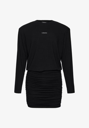 Rochie mini neagră cu mâneci lungi, fustă drapată și logo-ul "LAMANIA" centrat pe piept.